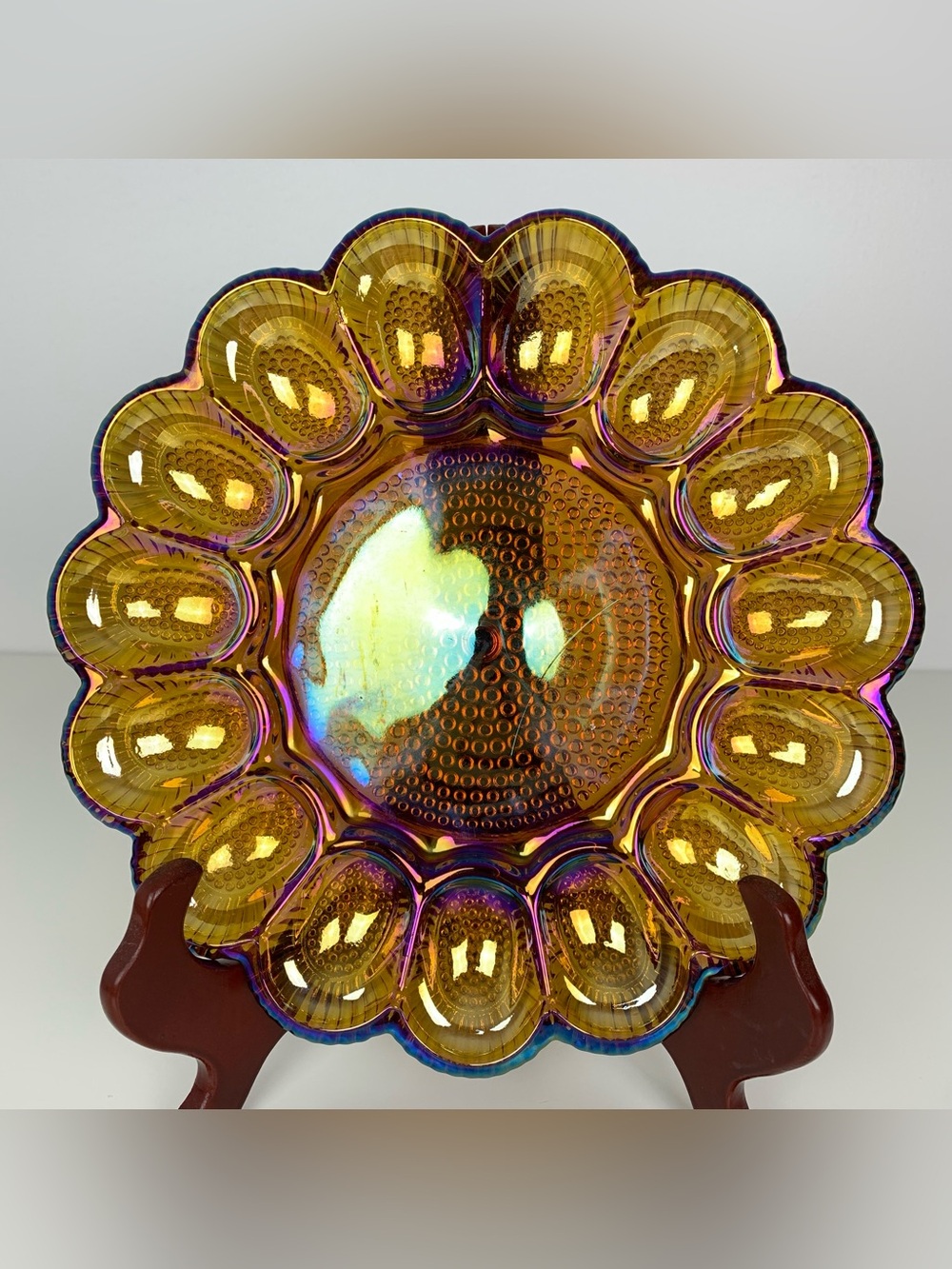 Indiana Glass Iridescent Amber Carnival Hobnail Thousand Eye Egg Plate Vtg 11”